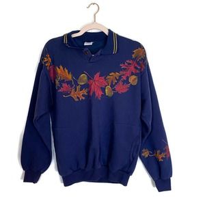 Vintage Art Unlimited Sweatshirt Sz M Fall Leaves 90s Pullover USA Navy Collared